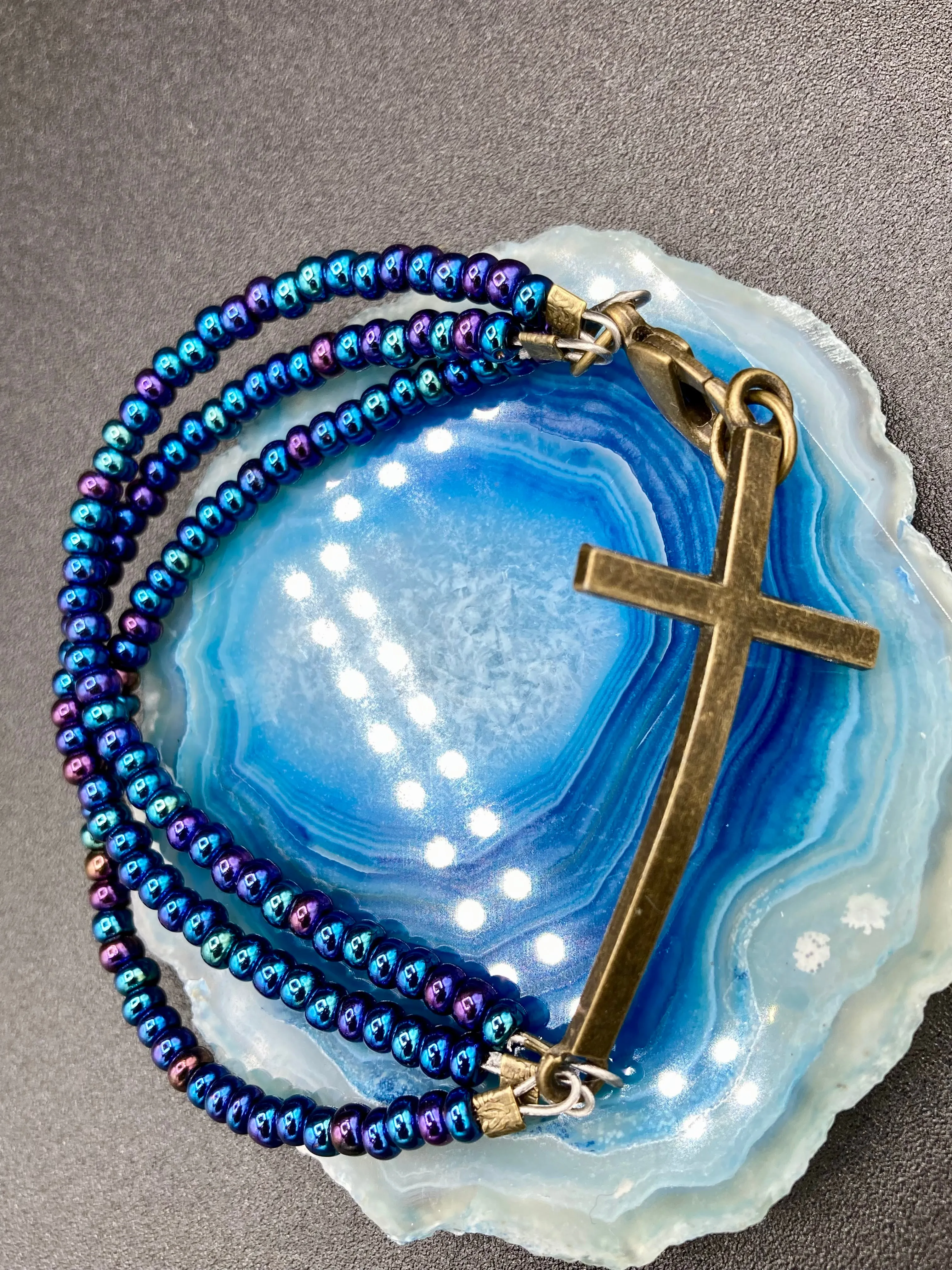 Horizontal Brass Cross Glass Beaded Bracelet, Crucifix Confirmation Communion Gift, Positivity Jewelry, Self Love Faith Jewelry, Christmas