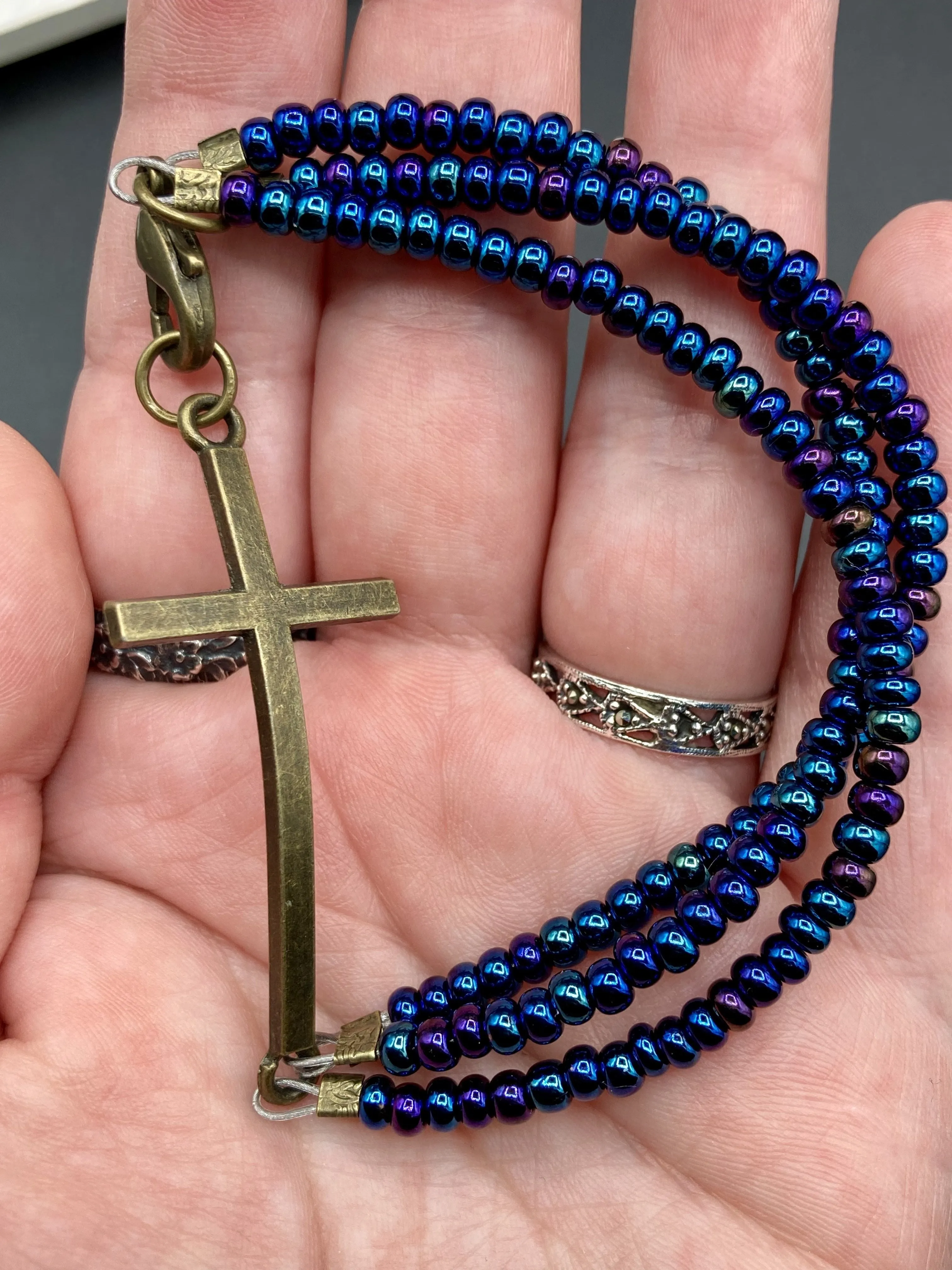 Horizontal Brass Cross Glass Beaded Bracelet, Crucifix Confirmation Communion Gift, Positivity Jewelry, Self Love Faith Jewelry, Christmas