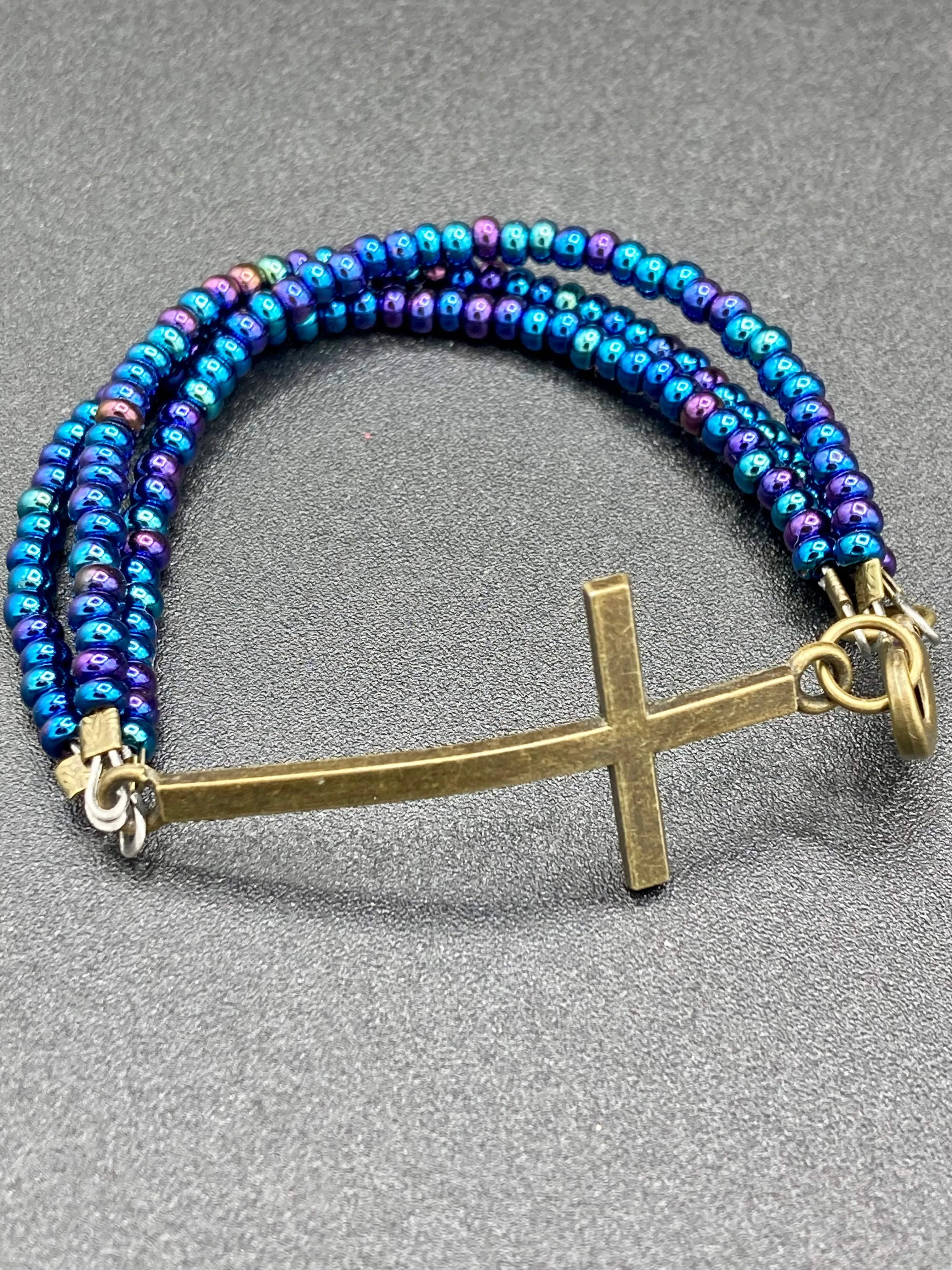 Horizontal Brass Cross Glass Beaded Bracelet, Crucifix Confirmation Communion Gift, Positivity Jewelry, Self Love Faith Jewelry, Christmas