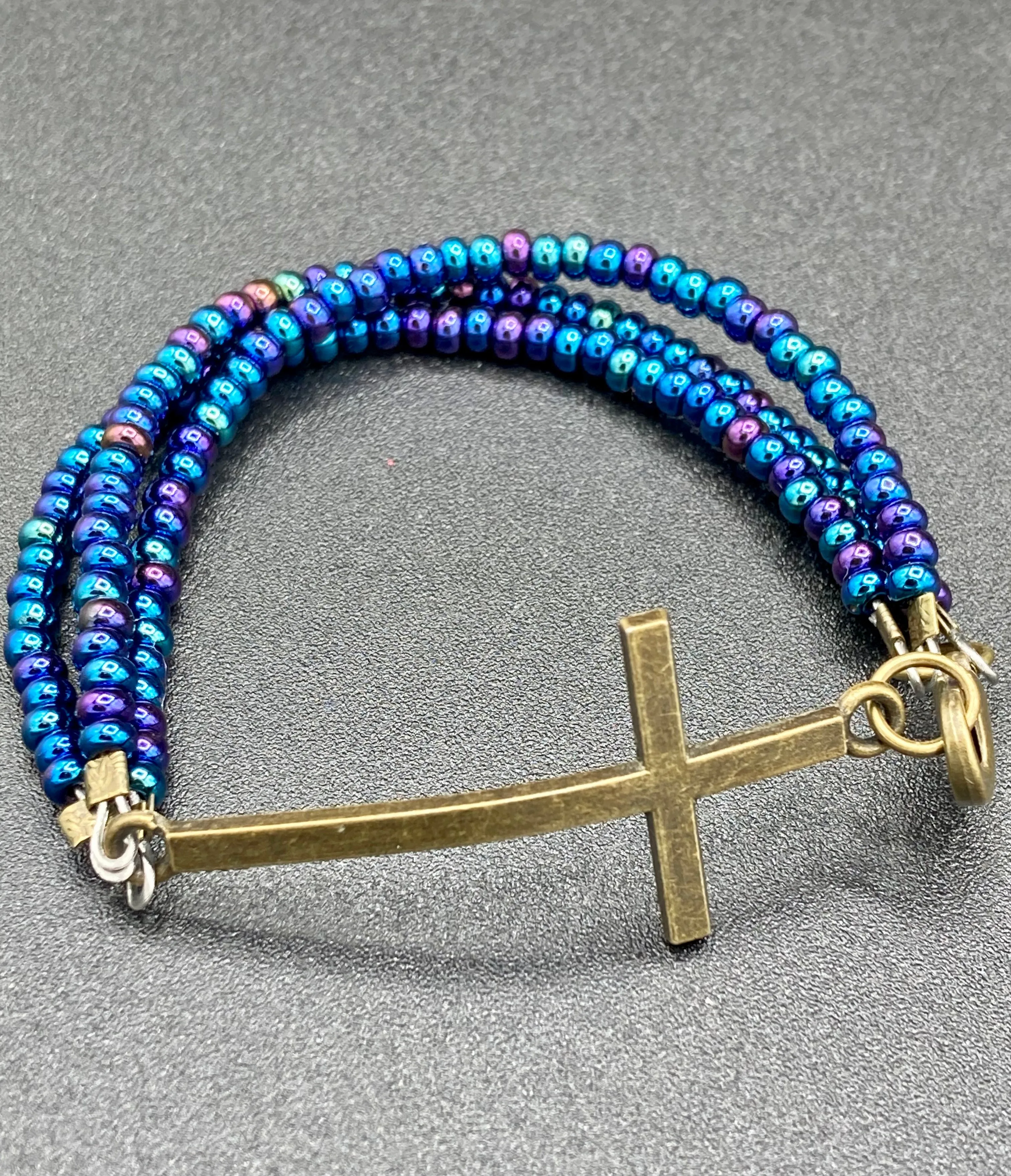 Horizontal Brass Cross Glass Beaded Bracelet, Crucifix Confirmation Communion Gift, Positivity Jewelry, Self Love Faith Jewelry, Christmas