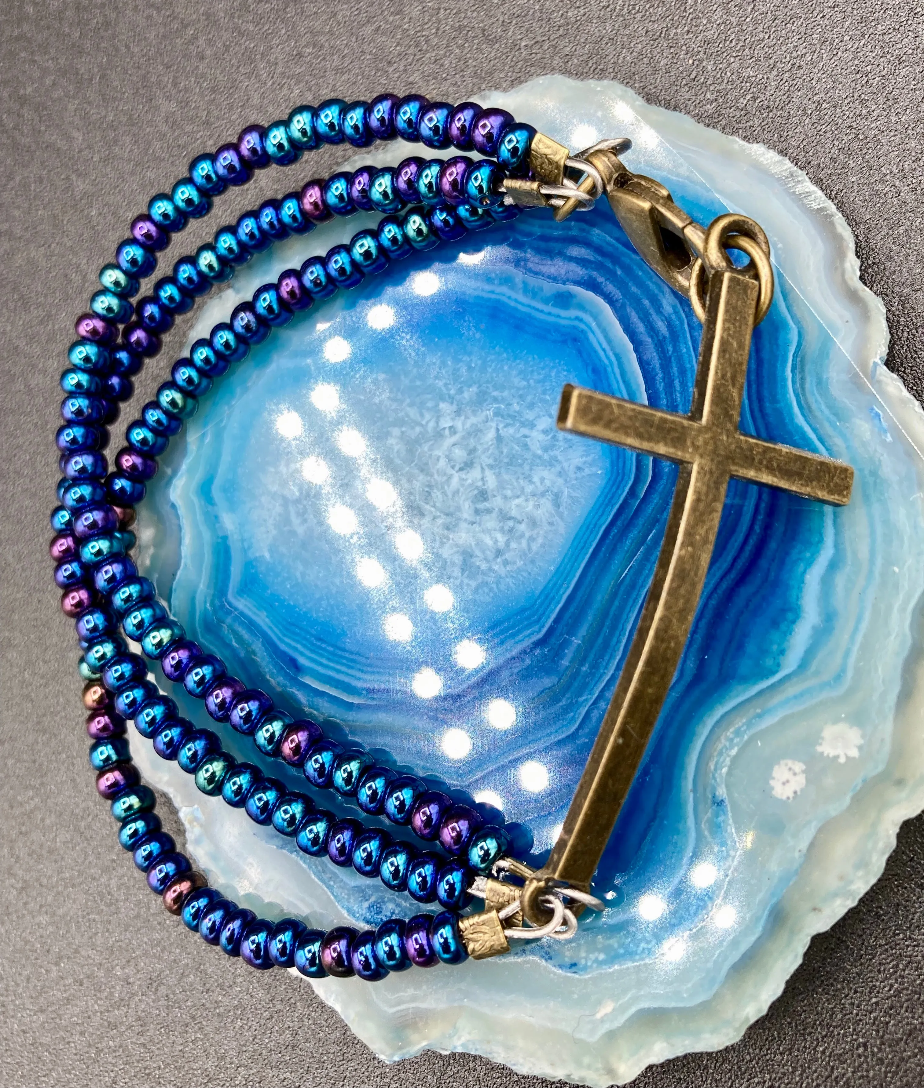 Horizontal Brass Cross Glass Beaded Bracelet, Crucifix Confirmation Communion Gift, Positivity Jewelry, Self Love Faith Jewelry, Christmas