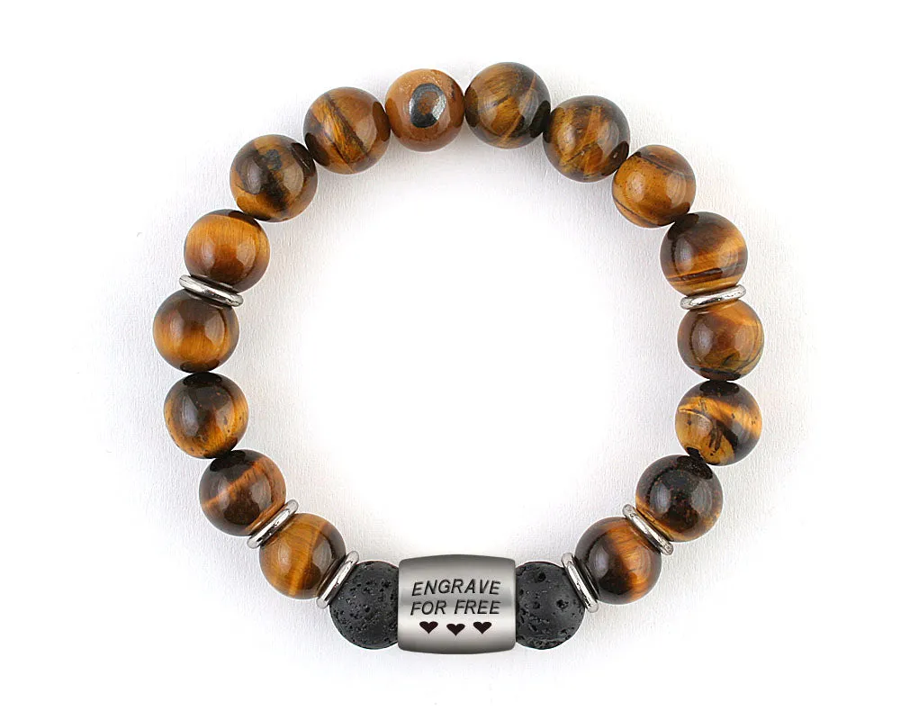 ID engravable bracelets for men with brown tiger eye and lava beads