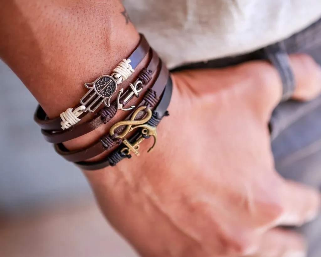 Leather Bracelet metal arrow brown