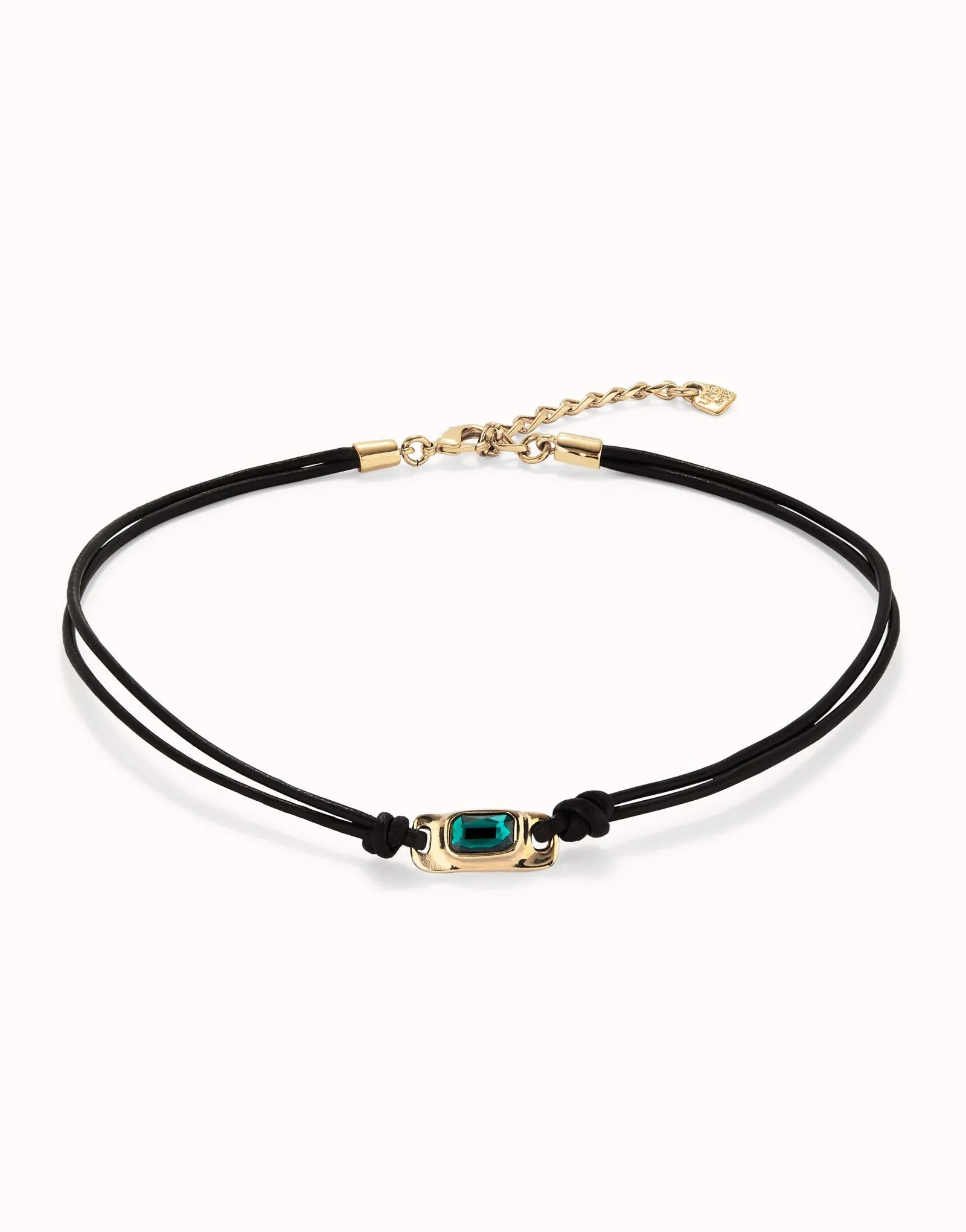 Leather necklace with gray crystal (gold)