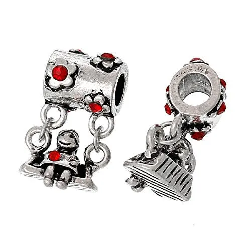 Little Girl on Swing w/ Pink Crystals European European Bead Compatible for Most European Snake Chain Charm Bracelets