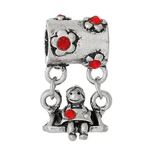 Little Girl on Swing w/ Pink Crystals European European Bead Compatible for Most European Snake Chain Charm Bracelets