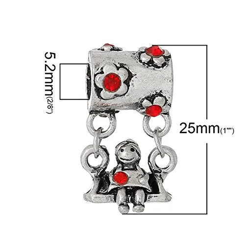 Little Girl on Swing w/ Pink Crystals European European Bead Compatible for Most European Snake Chain Charm Bracelets