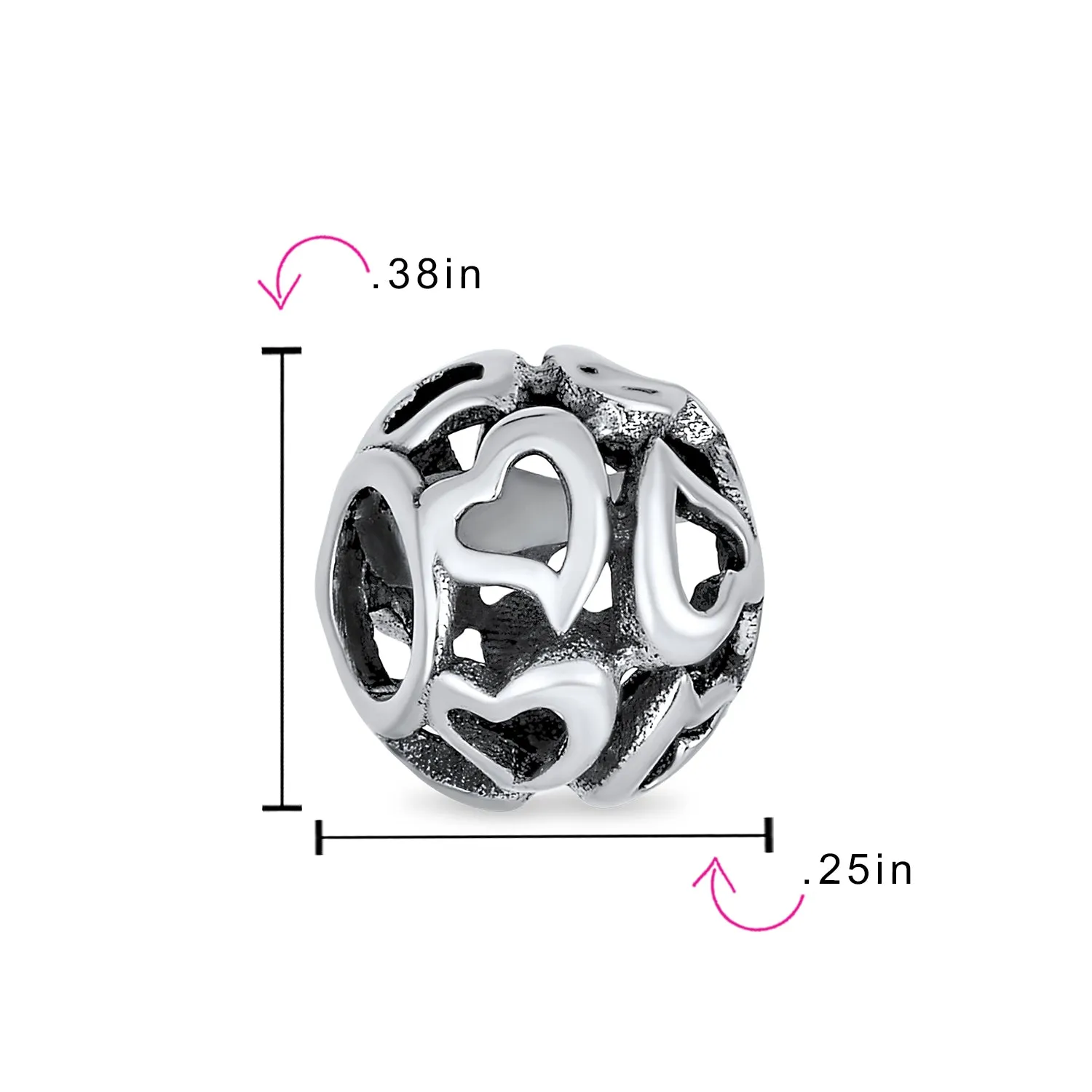 Love Valentine Filigree Heart Charm Bead in Oxidized Sterling Silver for Bracelets