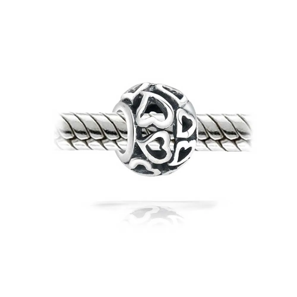 Love Valentine Filigree Heart Charm Bead in Oxidized Sterling Silver for Bracelets