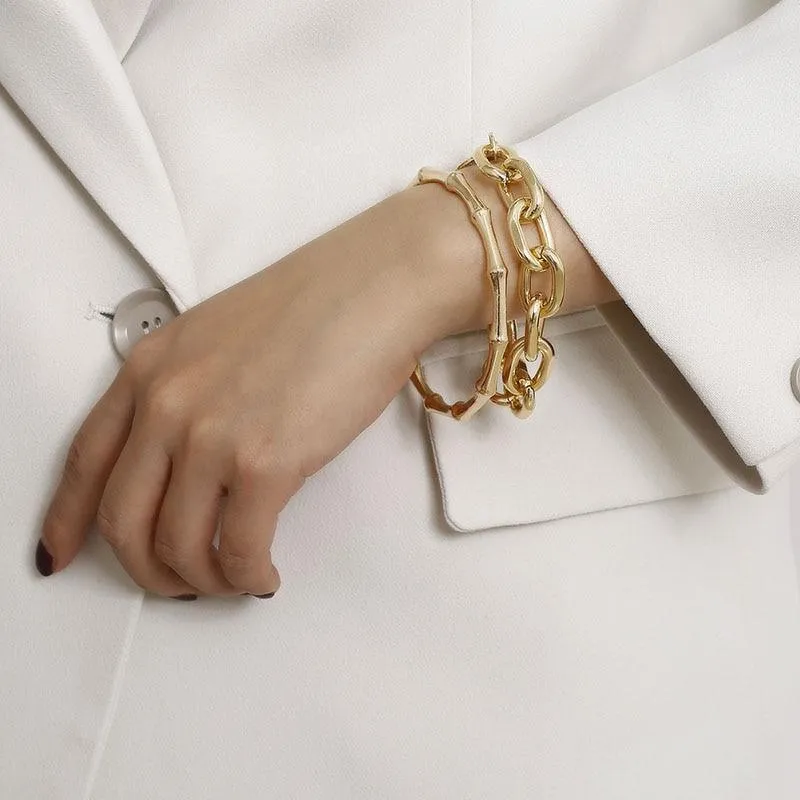 Luxury Modern New Gold Color Metal Chain Link Creative Bamboo Bracelet Bangle 2020 New Fashion Punk Bangle Bracelet Women Set