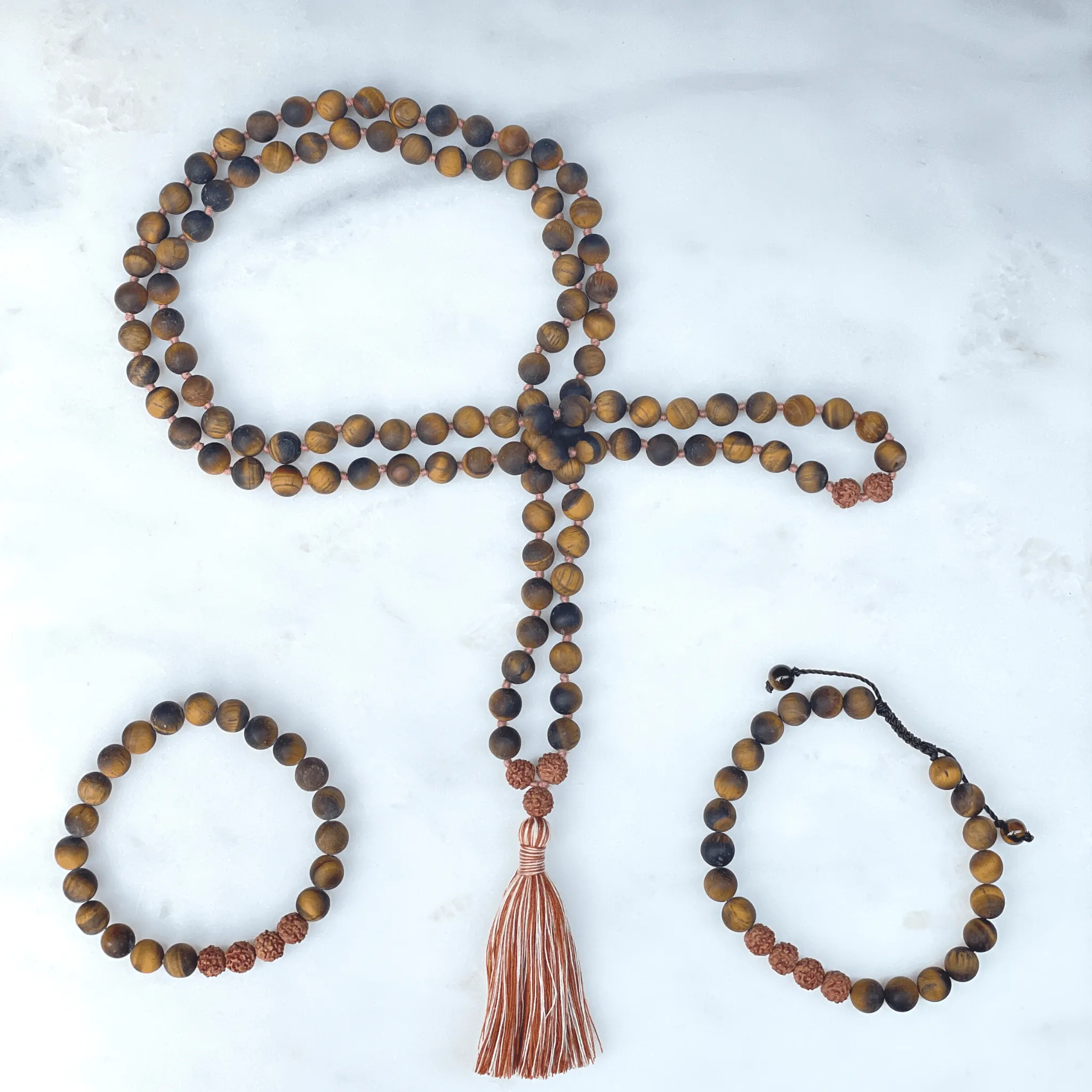 Matte Tiger Eye And Rudraksha Mala