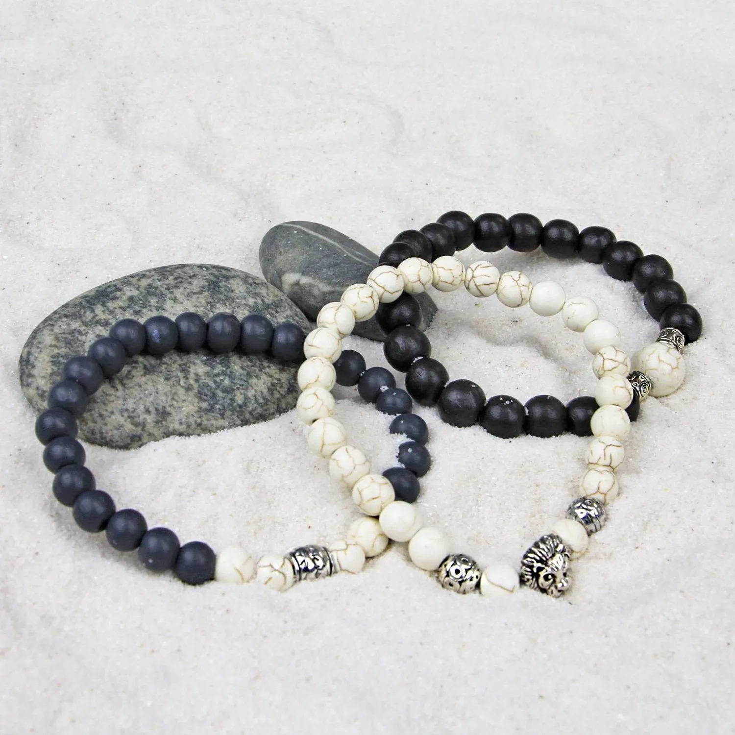 Men's Bracelets Set of 3 Beaded Stretch Bracelets Stack in Cream and Black - M16