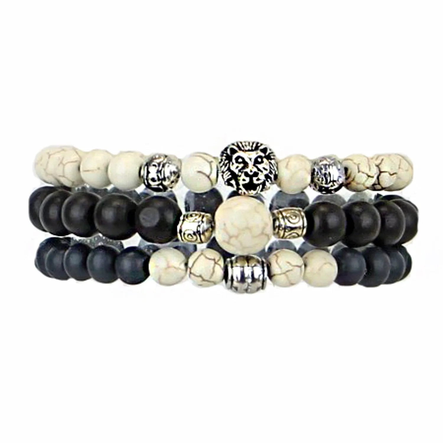 Men's Bracelets Set of 3 Beaded Stretch Bracelets Stack in Cream and Black - M16