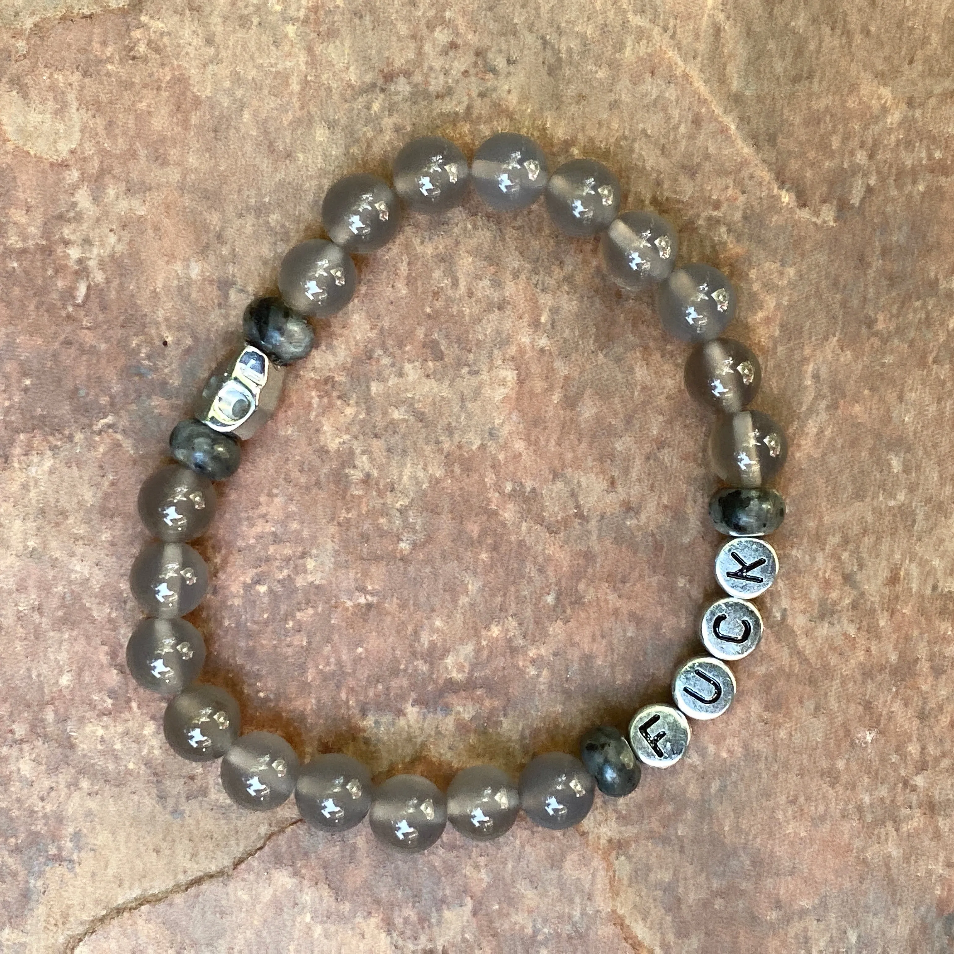 Men’s gray Agate, black Labradorite and hematite skull "Fuck" bracelet
