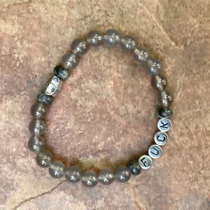 Men’s gray Agate, black Labradorite and hematite skull "Fuck" bracelet