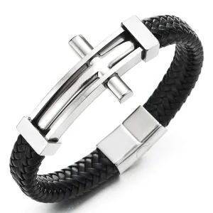 Mens Steel Horizontal Sideway Lateral Cross ID Identification Black Braided Leather Bangle Bracelet
