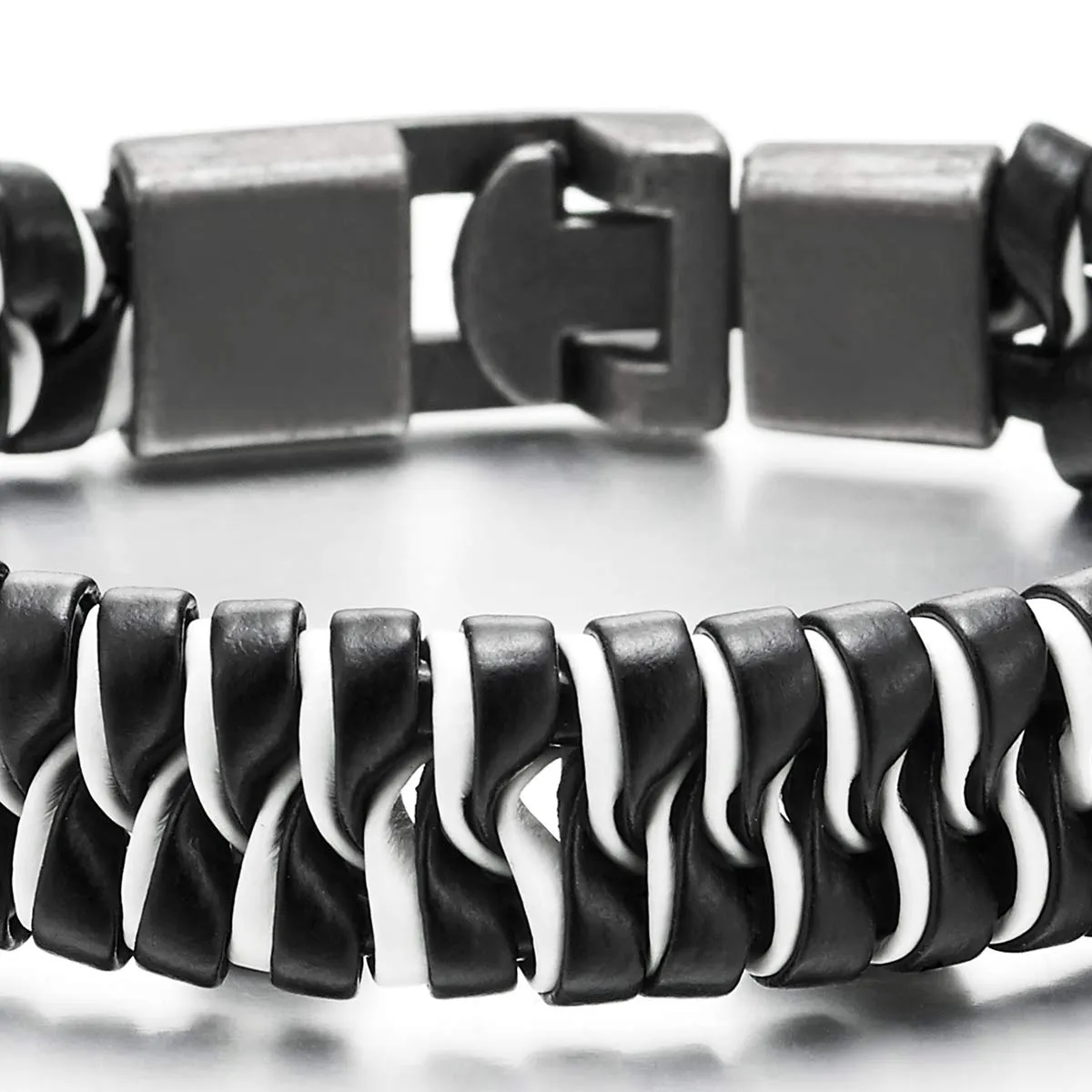 Mens Womens Black White Braided Leather Bracelet Bangle Wrap Wristband, Hook Clasp