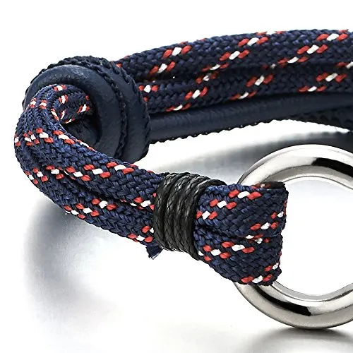 Mens Womens Steel Screw Anchor Shackles Nautical Sailor Rope Cord Leather Wrap Bracelet Wristband