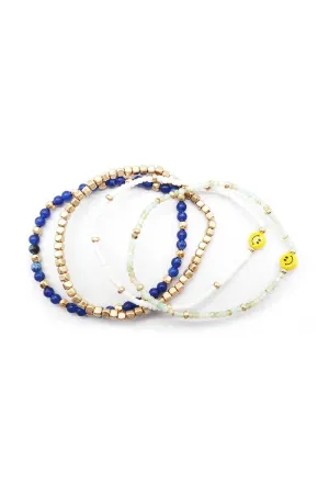 Metal Glass Seed Bead Smile Stretch 4 Pc Bracelet