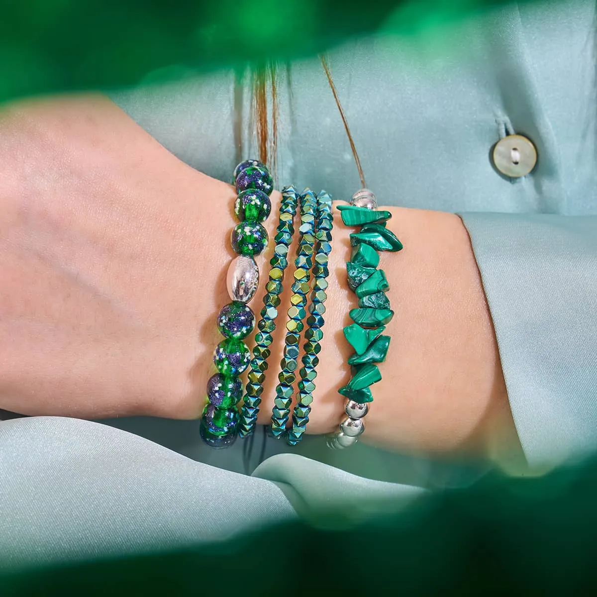 Mini Sacred Geom | Seafoam Hematite x Gunmetal | Triple Strand Bracelet