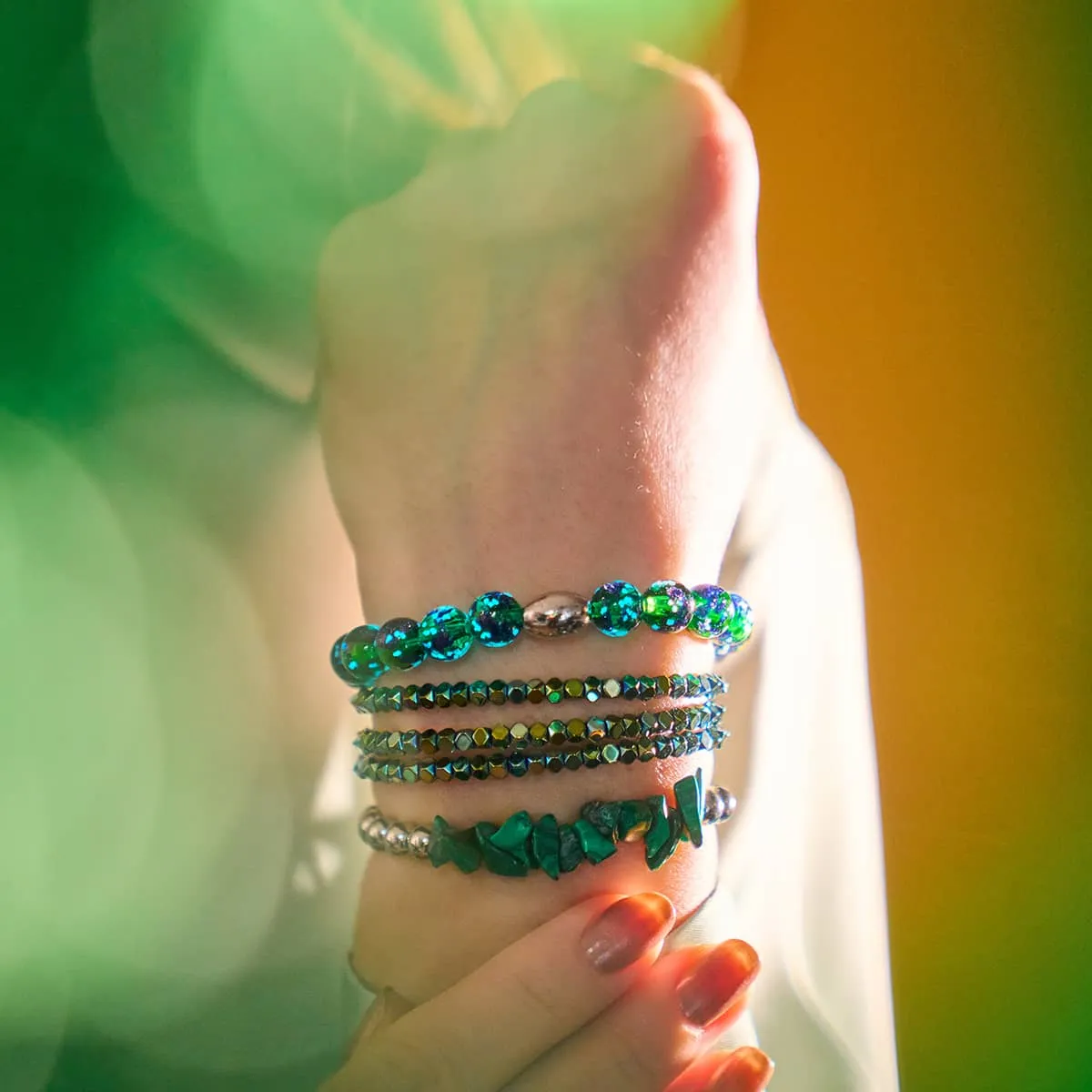 Mini Sacred Geom | Seafoam Hematite x Gunmetal | Triple Strand Bracelet