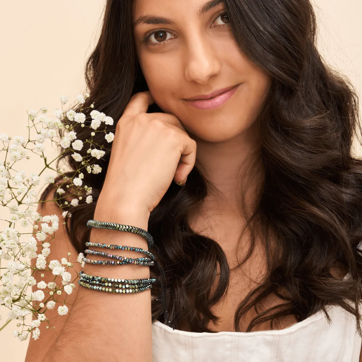 Mini Sacred Geom | Seafoam Hematite x Gunmetal | Triple Strand Bracelet