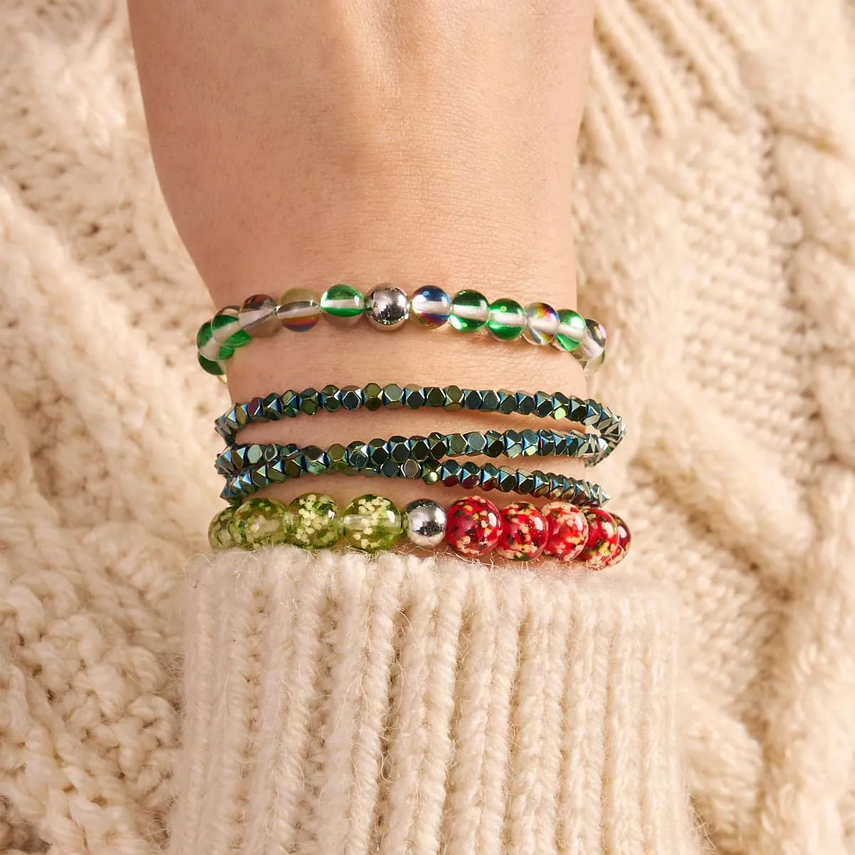 Mini Sacred Geom | Seafoam Hematite x Gunmetal | Triple Strand Bracelet