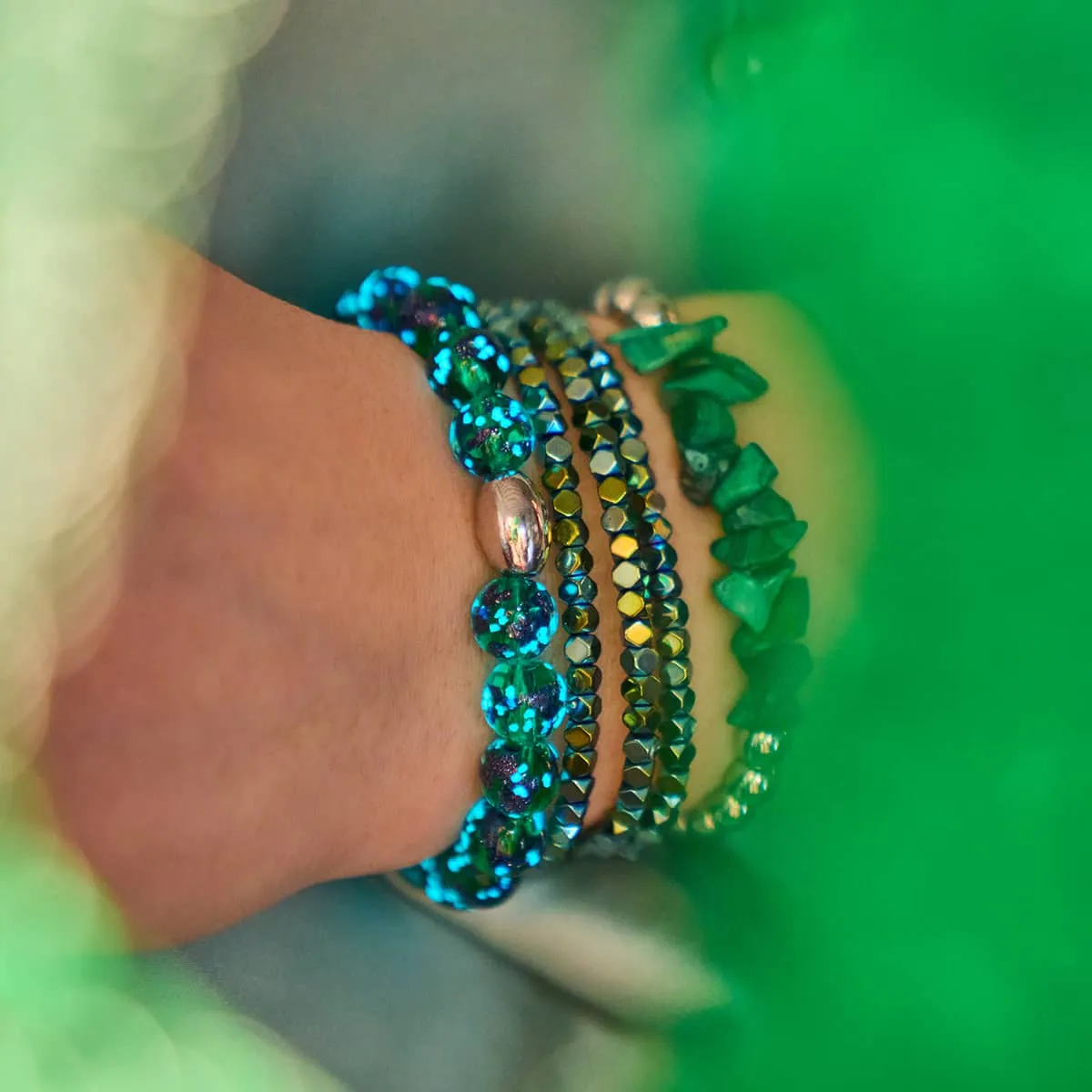Mini Sacred Geom | Seafoam Hematite x Gunmetal | Triple Strand Bracelet