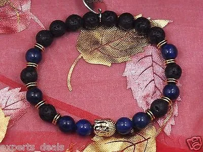 Namaste Jewelry Lapiz Lazuli Blue & Lava Stone Gold Buddha Head  Free Bracelet
