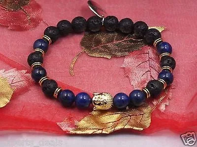 Namaste Jewelry Lapiz Lazuli Blue & Lava Stone Gold Buddha Head  Free Bracelet