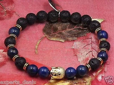 Namaste Jewelry Lapiz Lazuli Blue & Lava Stone Gold Buddha Head  Free Bracelet