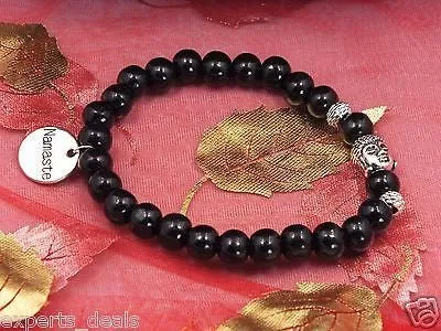 Namaste Jewelry Silver Buddha Head Meditation Mala OM Bracelets Black Wood Watch