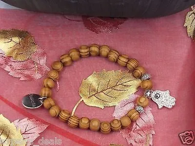 Namaste Jewelry Silver Fatima Buddah Hand Meditation Mala OM  Wood Free Bracelet