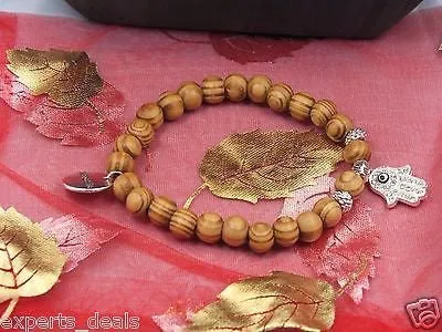 Namaste Jewelry Silver Fatima Buddah Hand Meditation Mala OM  Wood Free Bracelet