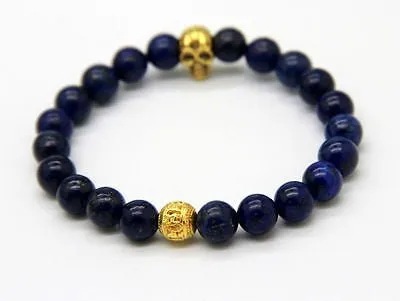 Namaste Jewelry Skull Blue Agate Stone Bead with Yoga Gold Ball Bracelet Watch