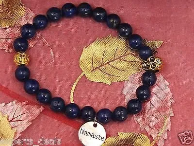Namaste Jewelry Skull Blue Agate Stone Bead with Yoga Gold Ball Bracelet Watch