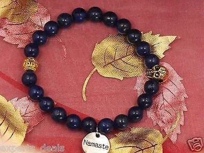 Namaste Jewelry Skull Blue Agate Stone Bead with Yoga Gold Ball Bracelet Watch