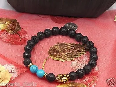 Namaste Jewelry Turquoise  & Lava Stone Gold Buddha Head Energy Free Bracelet