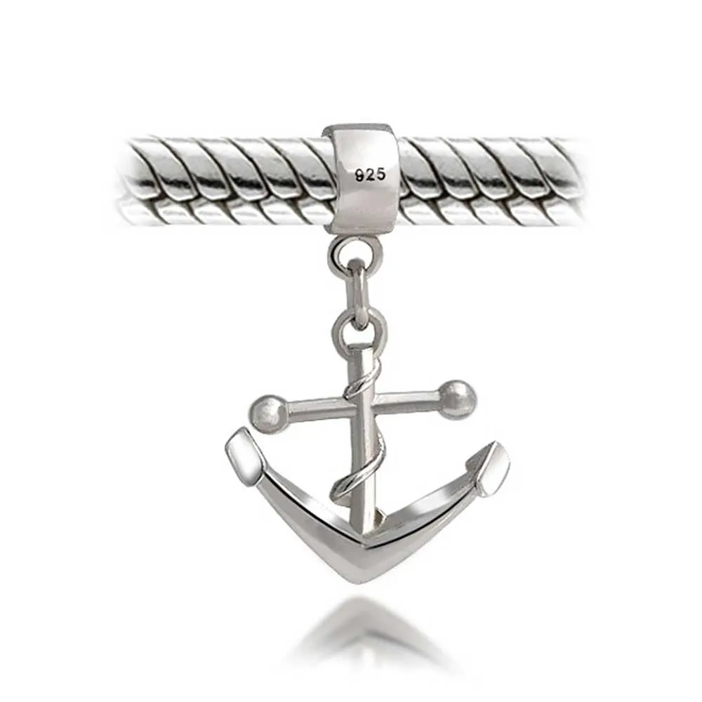 Nautical Boat Anchor Travel Dangle Charm Bead Sterling Silver for Bracelets