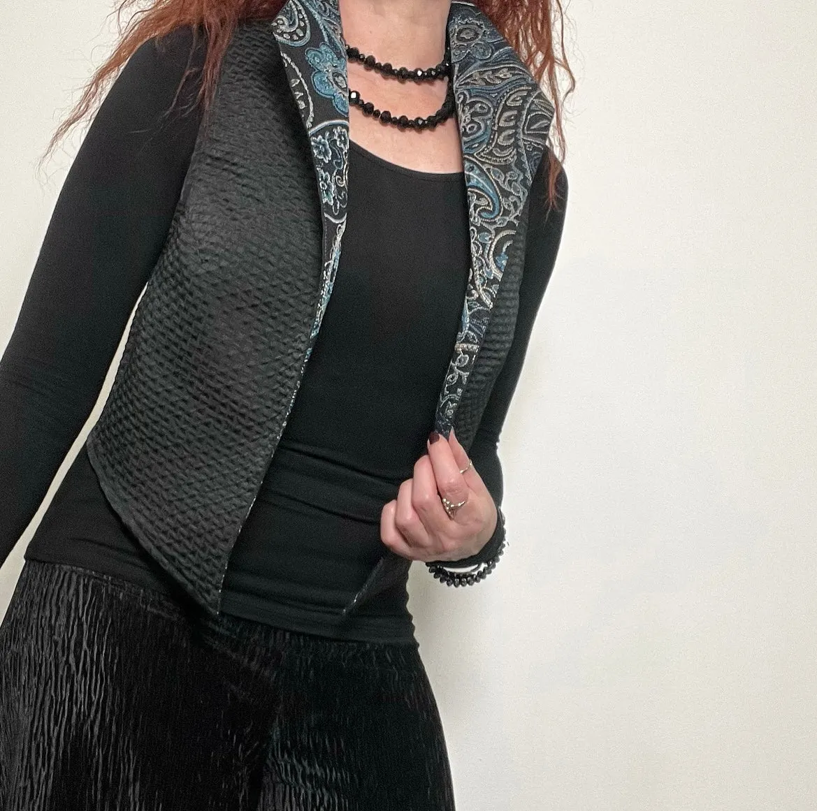 Nikita Vest - Black waffle with blue paisley jacquard