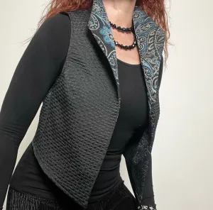 Nikita Vest - Black waffle with blue paisley jacquard