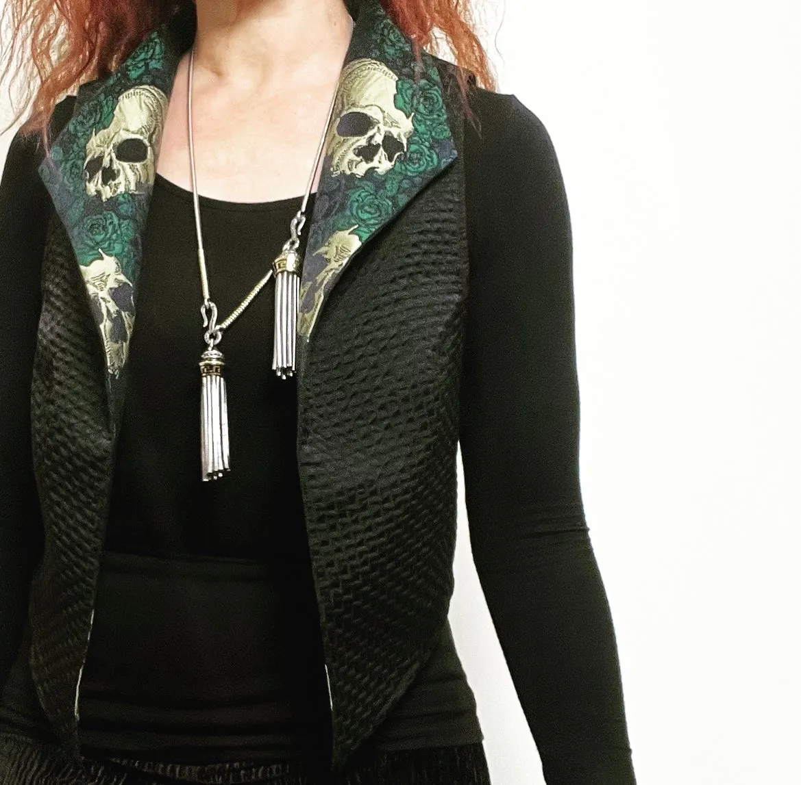 Nikita Vest - Black waffle with skulls & roses