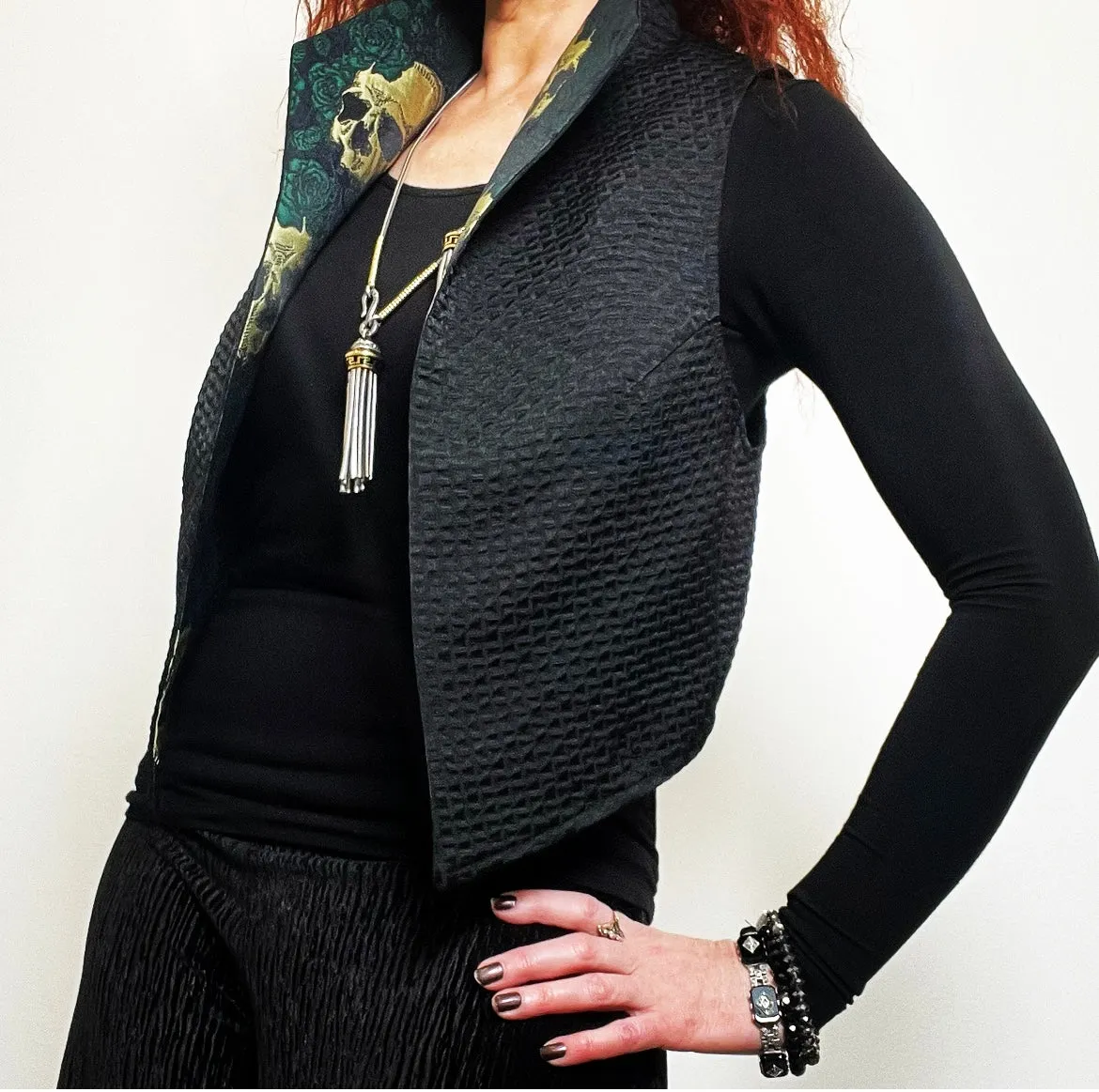 Nikita Vest - Black waffle with skulls & roses