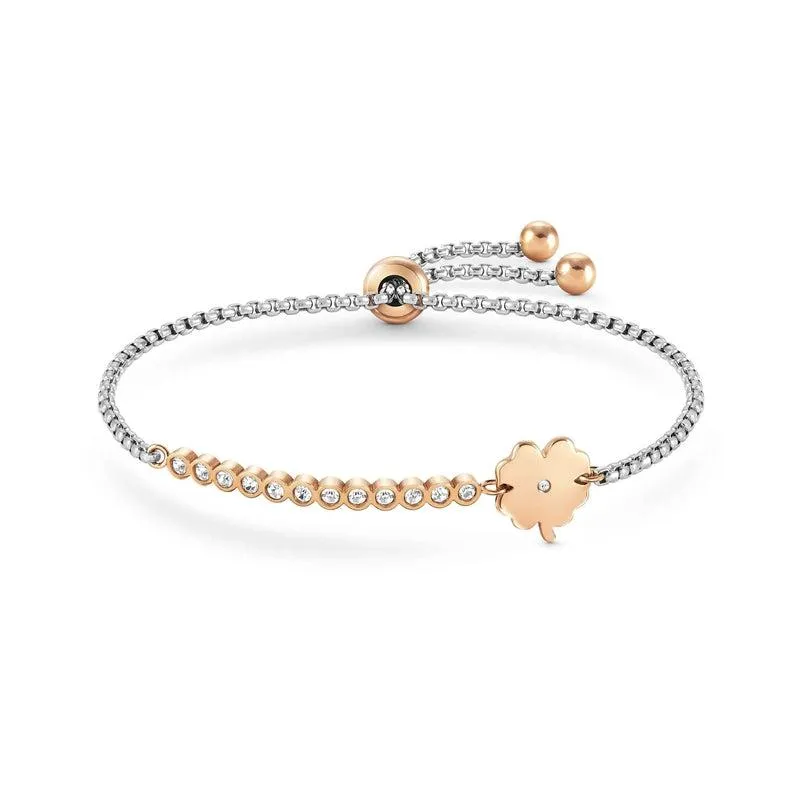 Nomination Milleluci Bracelet, Four-Leaf Clover, Cubic Zirconia, Rose PVD, Stainless Steel