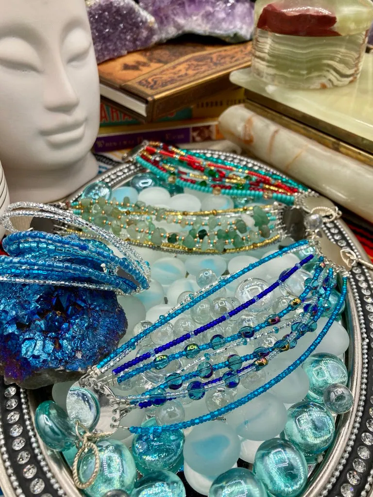 Ocean Blue Waves Nine Stands Glass Beaded Chunky Wide Bracelet, Bohemian Style Jewelry, Hippie, Boho Shabby Chic, Celestial, Starry Night