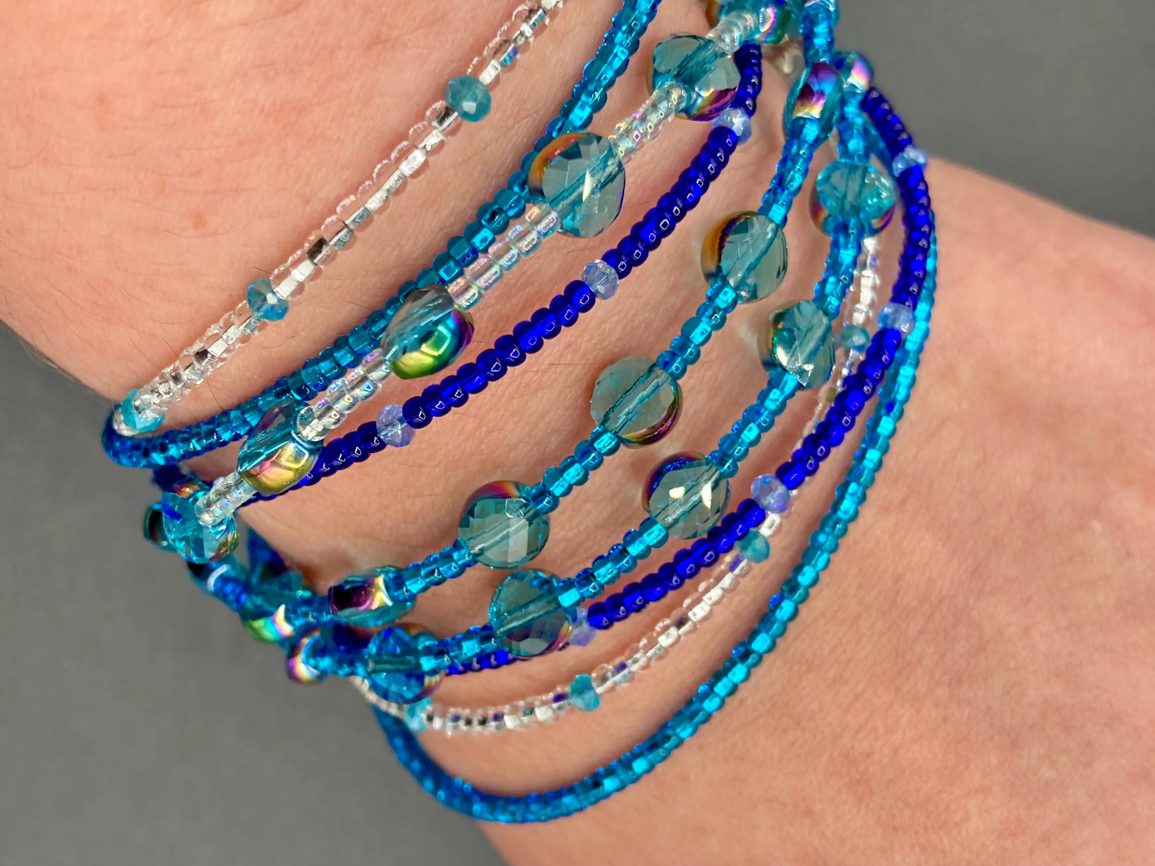 Ocean Blue Waves Nine Stands Glass Beaded Chunky Wide Bracelet, Bohemian Style Jewelry, Hippie, Boho Shabby Chic, Celestial, Starry Night