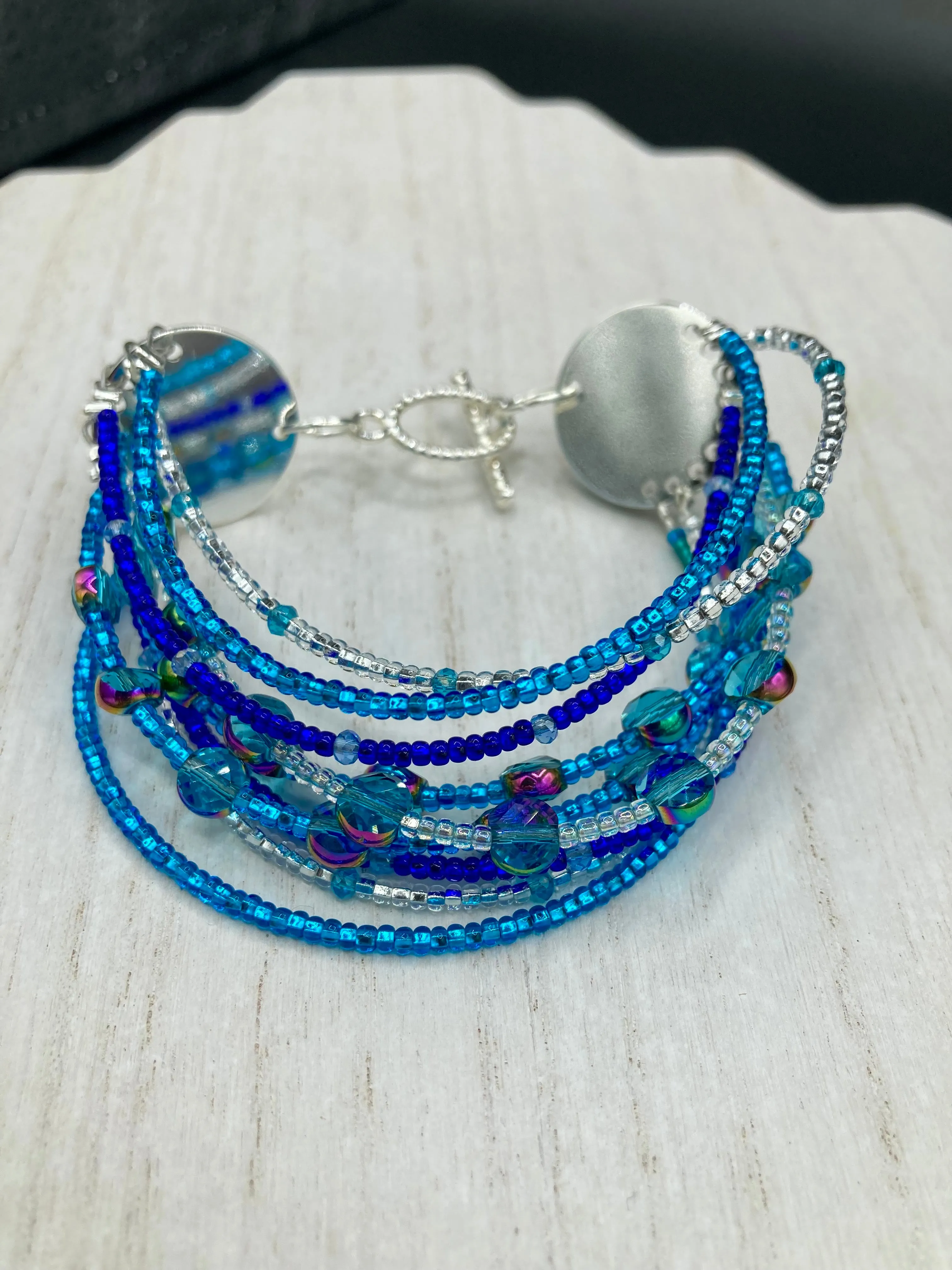 Ocean Blue Waves Nine Stands Glass Beaded Chunky Wide Bracelet, Bohemian Style Jewelry, Hippie, Boho Shabby Chic, Celestial, Starry Night