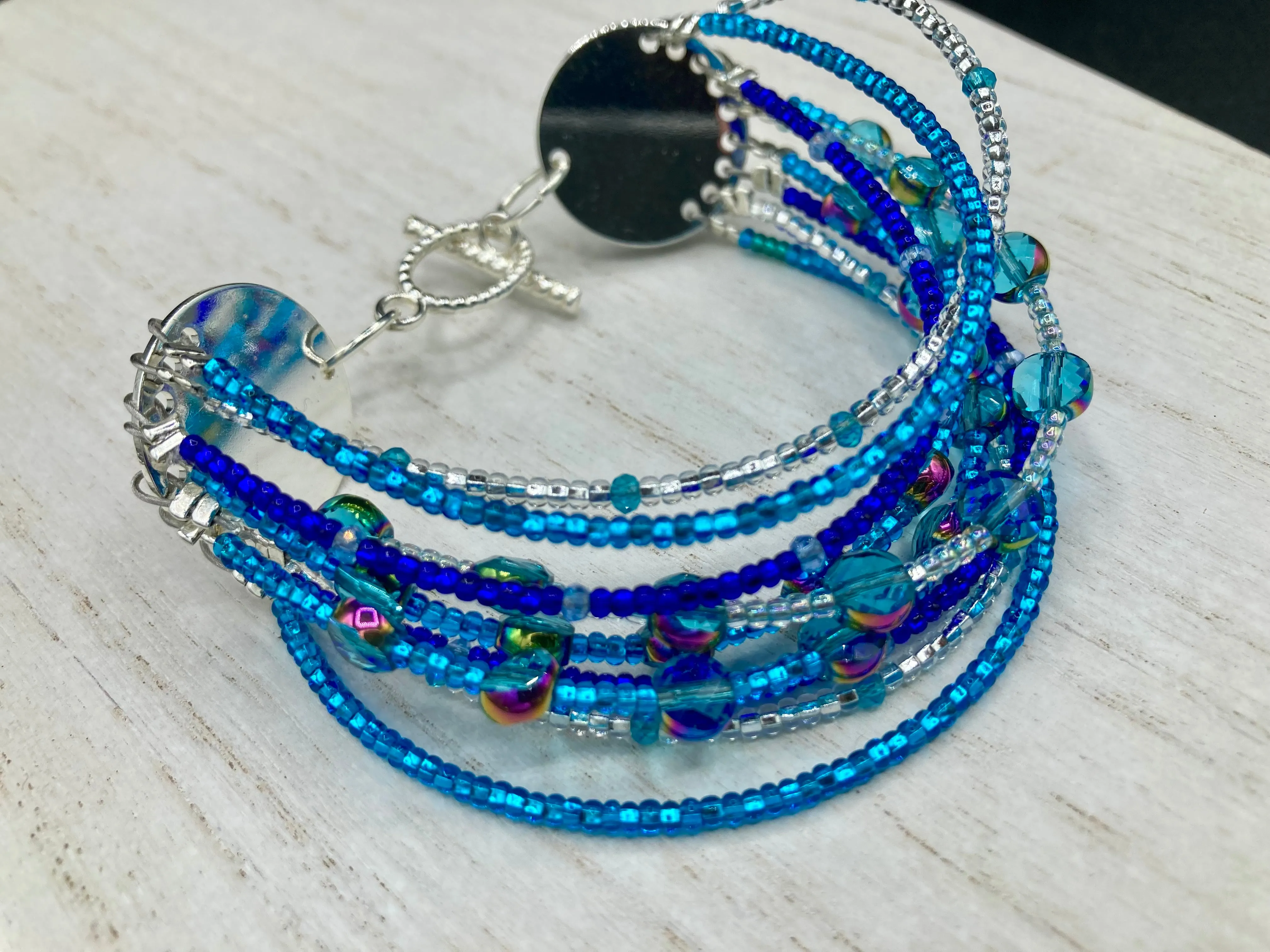 Ocean Blue Waves Nine Stands Glass Beaded Chunky Wide Bracelet, Bohemian Style Jewelry, Hippie, Boho Shabby Chic, Celestial, Starry Night
