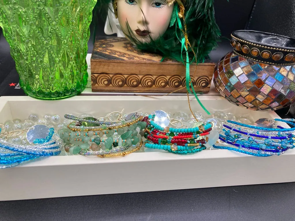 Ocean Blue Waves Nine Stands Glass Beaded Chunky Wide Bracelet, Bohemian Style Jewelry, Hippie, Boho Shabby Chic, Celestial, Starry Night