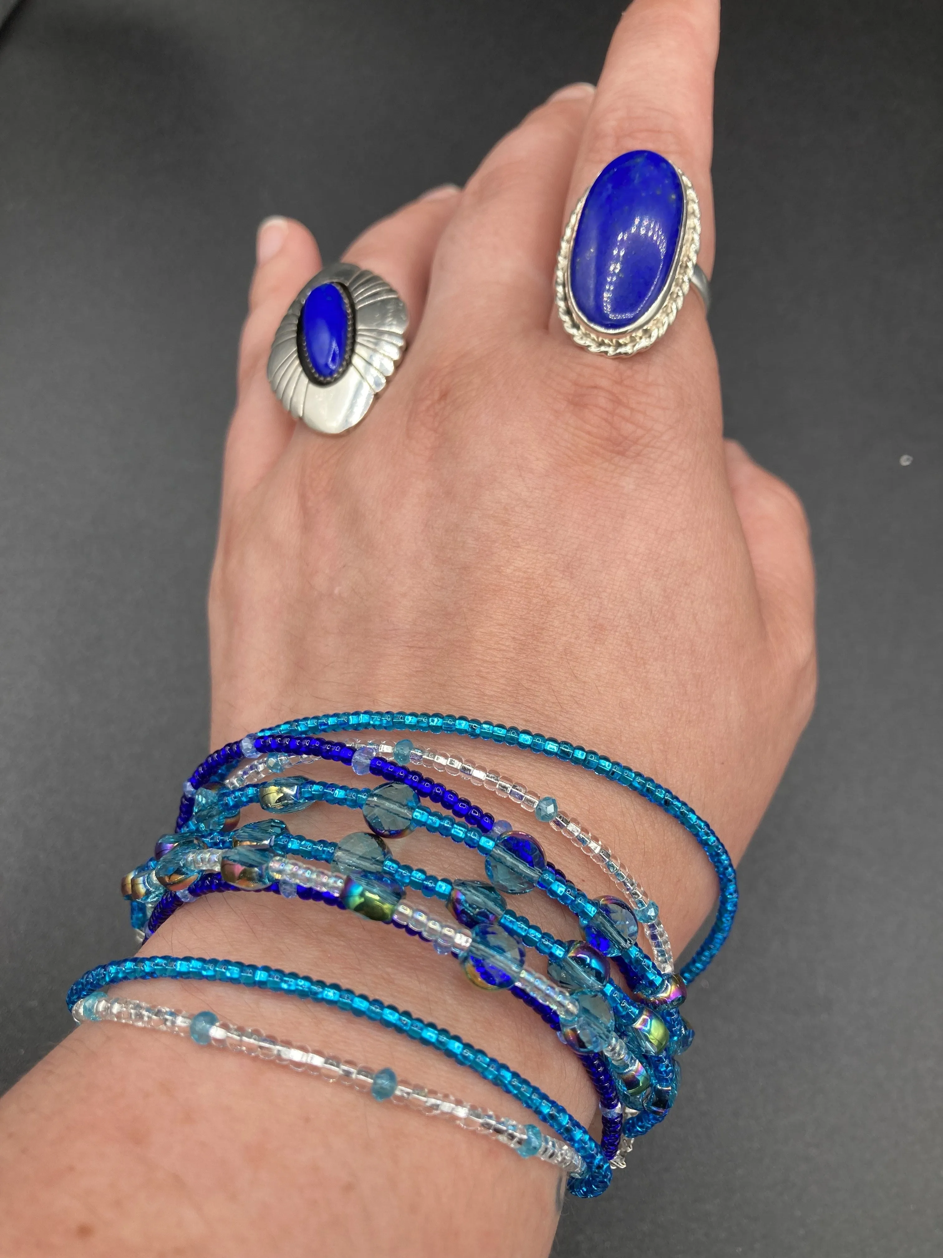 Ocean Blue Waves Nine Stands Glass Beaded Chunky Wide Bracelet, Bohemian Style Jewelry, Hippie, Boho Shabby Chic, Celestial, Starry Night